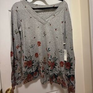 Grace & Lace Gray Floral Long Sleeve V-Neck Top